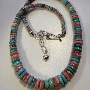 Rhodochrosite & Turquoise Heishi Rondelle Beaded Choker Necklace